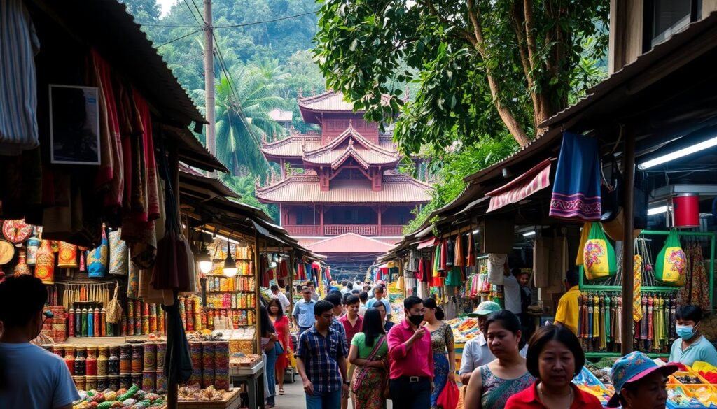 A bustling Indonesian market scene, with an array of diverse stalls and vendors showcasing a variety of local goods. Vibrant colors and intricate patterns fill the foreground, as shoppers navigate the lively atmosphere. In the middle ground, traditional architecture and lush greenery create a sense of cultural authenticity. Soft, diffused lighting illuminates the scene, casting warm shadows and highlighting the energy of the marketplace. The overall composition captures the dynamic nature of this thriving commercial hub, reflecting the rich cultural heritage and evolving consumer trends.