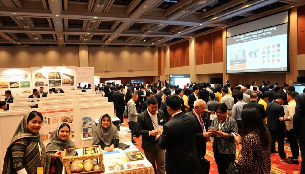 A bustling business convention center, with delegates engaged in animated discussions around strategically arranged booths. The foreground showcases a group of local artisans proudly presenting their handcrafted wares, while in the middle ground, executives converse over a table, exchanging cards and samples. The background depicts a large projection screen showcasing product images and market data, illuminating the strategic planning and market insights driving the event. Warm lighting, clean lines, and a sense of professional collaboration permeate the scene, capturing the essence of "strategi produksi dan business matching" that propels local producers toward new opportunities.