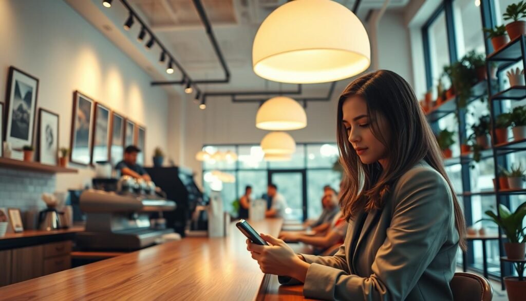 A bustling cafe interior with a modern, minimalist decor. A sleek, wooden counter runs along the front, with various coffee brewing equipment and pastries displayed. The walls are adorned with framed artwork and shelves showcasing an array of potted plants. Overhead, a large, pendant light fixture casts a warm, ambient glow, complementing the natural light streaming in through large windows. In the foreground, a young, stylishly dressed woman sits at a table, engaged with her smartphone, her face illuminated by the soft, indirect lighting. The scene evokes a sense of digital connectivity and social media-driven culture within a cozy, inviting cafe setting.