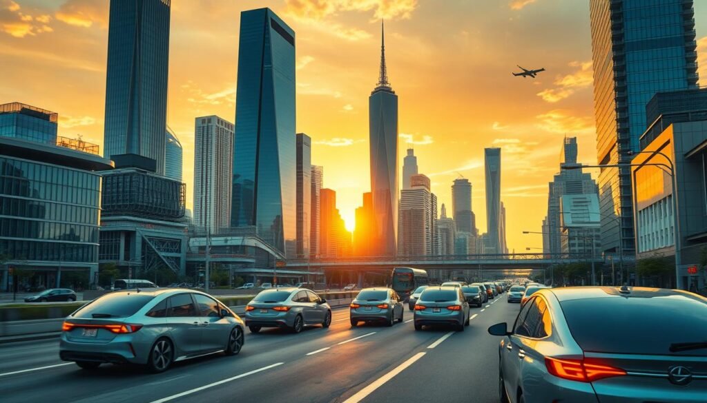 A bustling cityscape with a futuristic transportation network taking center stage. In the foreground, autonomous vehicles seamlessly navigate through the streets, their sleek, aerodynamic designs hinting at their advanced capabilities. Towering skyscrapers and high-tech infrastructure form the middle ground, reflecting the city's commitment to innovation. In the background, a vibrant skyline is illuminated by a warm, golden sunset, creating a sense of optimism and progress. The scene conveys the idea of a "smart transportation system" - efficient, sustainable, and responsive to the needs of the modern urban dweller. Cinematic lighting and a dynamic camera angle emphasize the grandeur and technological prowess of this envisioned future.