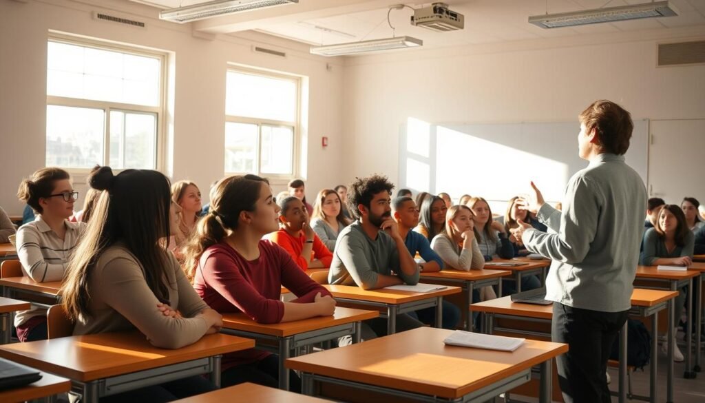 A classroom filled with students sitting at desks, engaged in a lively discussion. The room is brightly lit with natural light streaming through large windows, casting a warm glow on the scene. The teacher stands at the front, gesturing animatedly as they explain a concept to the attentive class. The students, a diverse group of young people, lean in, their expressions filled with curiosity and focus. The atmosphere is one of collaborative learning, with the students actively participating in the lesson. The scene captures the essence of the return to in-person learning, the energy and engagement of a classroom setting after a period of remote instruction.