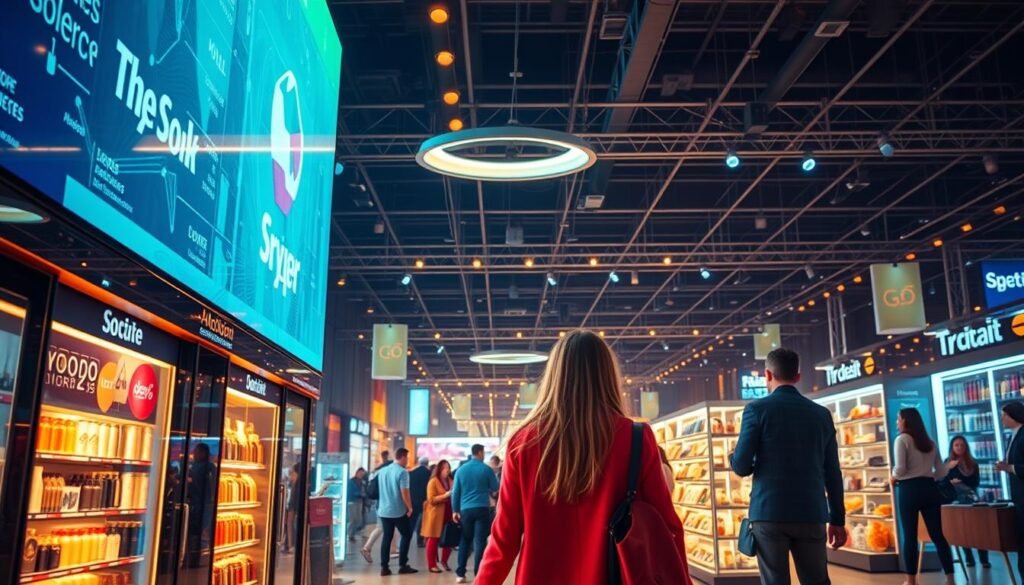 A dynamic e-commerce landscape, powered by cutting-edge technology. In the foreground, a vibrant digital storefront showcases an array of products, seamlessly integrated with intuitive user interfaces and secure payment gateways. In the middle ground, a live shopping experience unfolds, where influencers and experts engage with customers, driving real-time interactions and impulse purchases. In the background, a intricate network of affiliate marketing channels and data-driven algorithms work in harmony, optimizing product discovery and conversion rates. Illuminated by warm, directional lighting and captured through a wide-angle lens, the scene conveys the energy, innovation, and opportunities that define the evolving world of e-commerce.