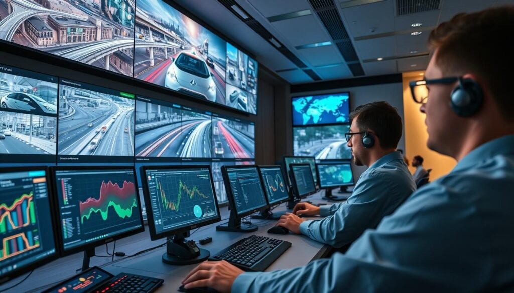 A dynamic real-time monitoring control center with a large video wall displaying live feeds from various transportation hubs and sensors. Sleek workstations with sophisticated analytics software, engineers closely monitoring data streams and making adjustments to optimize traffic flow. Vibrant color-coded maps and dashboards provide at-a-glance insights into current conditions. The atmosphere is one of focused intensity, as the team works to ensure the seamless integration of smart transportation modes for the city. Subtle ambient lighting casts a warm glow, complementing the futuristic, tech-driven setting. Attention to detail is paramount, with every element designed to enhance visibility and efficiency.