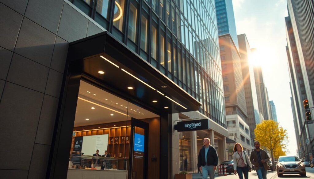 A dynamic, tech-savvy urban setting where a young entrepreneur's simple yet innovative business model takes center stage. Sunlight filters through skyscrapers, casting a warm glow on a bustling street below. In the foreground, a sleek, minimalist storefront showcases cutting-edge digital displays, hinting at the seamless integration of technology and operations. Passersby pause, intrigued by the striking visual cues that signal a novel approach to scalable business. The scene exudes a sense of progress, efficiency, and the empowering potential of modern tools to elevate even the most modest of enterprises.