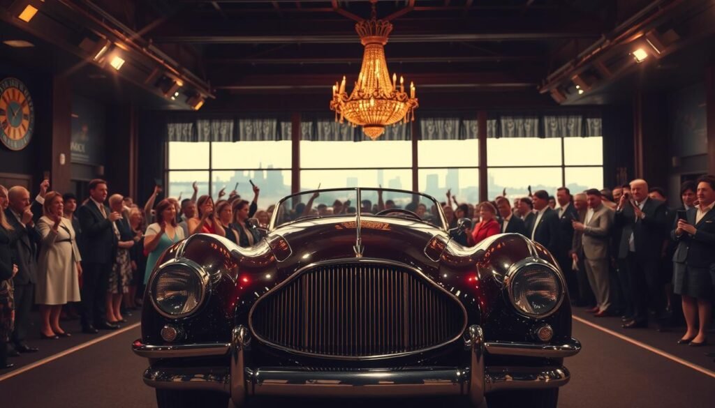 A high-end auction house interior, dimly lit with warm spotlights. In the foreground, a gleaming vintage automobile, its chrome and paint meticulously restored, takes center stage. The middle ground features a crowd of well-dressed bidders, their faces alight with excitement as they raise their paddles, competing for the prized possession. In the background, a grand, ornate chandelier casts a soft, golden glow over the scene, while large windows offer glimpses of a city skyline beyond. The atmosphere is one of exclusivity, prestige, and the thrill of the chase, perfectly capturing the essence of a high-stakes classic car auction.