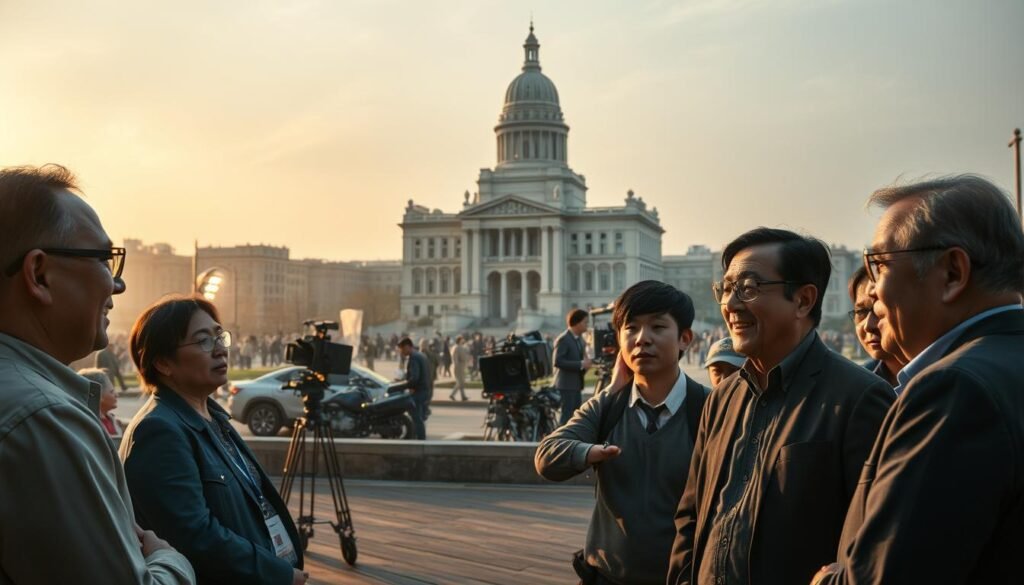 A high-key, cinematic scene depicting the government's role in supporting the local film industry. In the foreground, a group of policymakers and industry stakeholders engage in a lively discussion, their expressions conveying a sense of optimism and determination. The middle ground features a panoramic view of a bustling film production set, with crews maneuvering equipment and actors rehearsing their lines. In the background, a towering government building stands as a symbol of the institution's commitment to fostering the growth of the local film industry. Soft, warm lighting illuminates the scene, creating a sense of collaboration and progress. The overall atmosphere exudes a tone of partnership, progress, and a shared vision for a thriving local film industry.
