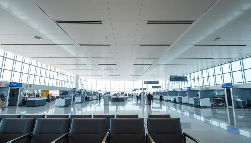 A modern airport terminal interior with sleek, high-ceilinged spaces flooded with natural light. In the foreground, a row of comfortable, ergonomic seating for passengers awaits, while service desks and information kiosks line the middle ground. The background features state-of-the-art security screening areas and boarding gates, all adorned with minimalist design and high-end finishes. The atmosphere conveys a sense of efficiency, safety, and a premium passenger experience befitting an international-standard facility.