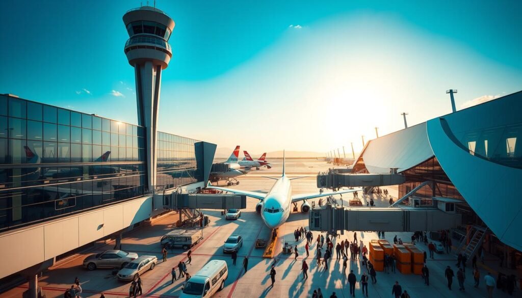 A modern, bustling international airport with sleek, angular architecture and glass facades reflecting the surrounding landscape. Towering control tower and multiple terminals with jetways extending to accommodate a variety of aircraft. Bustling activity on the tarmac, with ground crew efficiently loading and unloading passengers and cargo. Warm, golden sunlight filters through the windows, creating a welcoming ambiance. Travelers move through the spacious, well-appointed concourses, exploring the duty-free shops and dining options. Cutting-edge technology and amenities elevate the overall passenger experience to global standards.