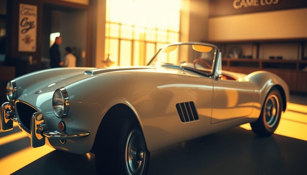 A pristine, luxurious classic car takes center stage, its sleek, polished bodywork gleaming under the warm, golden light of a sun-dappled showroom. The car's intricate details, from its chrome trim to its expertly crafted interior, evoke a sense of timeless elegance and exclusivity. The background fades into a soft, blurred focus, allowing the vehicle to command the viewer's attention. The lighting creates a sense of depth and drama, casting dramatic shadows and highlights that accentuate the car's elegant curves and features. The overall atmosphere conveys the high-end, prestigious nature of this classic automotive marvel, capturing the essence of a coveted, multimillion-dollar collectible.