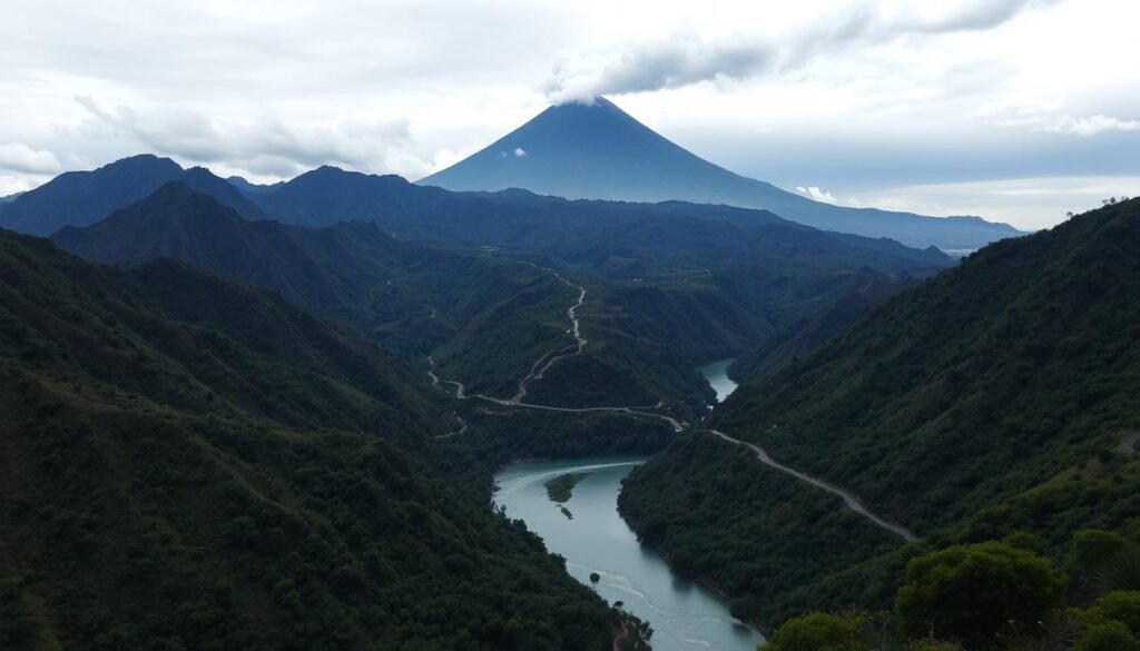 A rugged, mountainous landscape with a towering, active volcano in the distance, its peak shrouded in billowing smoke. In the foreground, a winding river carves through the terrain, its banks lined with thick, lush vegetation. The sky is overcast, casting a somber, ominous tone over the scene. In the middle ground, a network of roads and trails wind through the hazardous "zona bahaya" (danger zone), indicating the areas that should be avoided by residents. The lighting is dramatic, with deep shadows and highlights that accentuate the treacherous, volatile nature of the environment. The overall composition conveys a sense of impending danger and the importance of heeding the safety radius and evacuation routes. A rugged, mountainous landscape with a towering, active volcano in the distance, its peak shrouded in billowing smoke. In the foreground, a winding river carves through the terrain, its banks lined with thick, lush vegetation. The sky is overcast, casting a somber, ominous tone over the scene. In the middle ground, a network of roads and trails wind through the hazardous "zona bahaya" (danger zone), indicating the areas that should be avoided by residents. The lighting is dramatic, with deep shadows and highlights that accentuate the treacherous, volatile nature of the environment. The overall composition conveys a sense of impending danger and the importance of heeding the safety radius and evacuation routes.