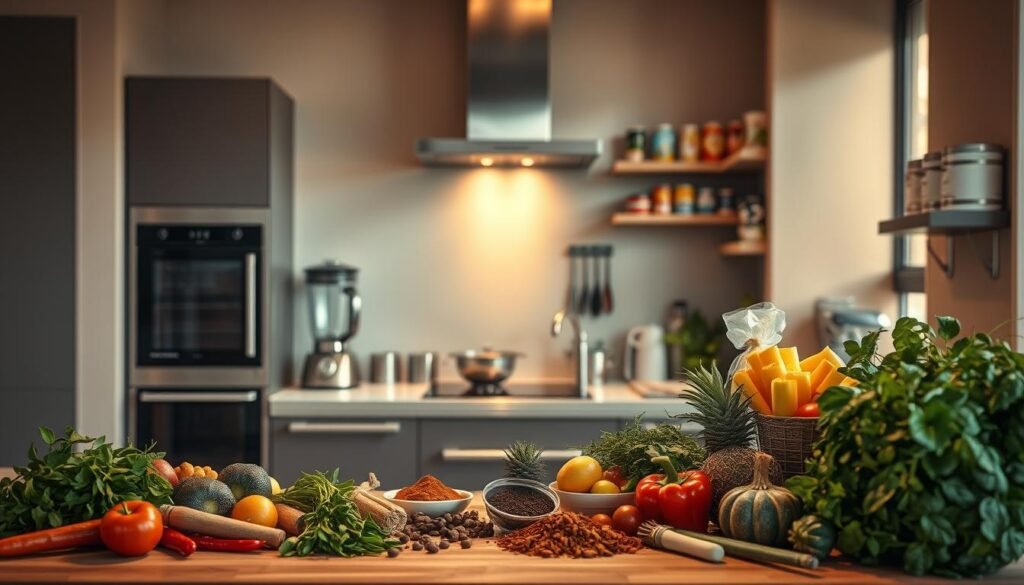 A sleek, modern kitchen interior with high-quality culinary tools and ingredients arranged artfully. Warm, natural lighting illuminates the scene, casting a cozy, inviting ambiance. In the foreground, an array of fresh produce, herbs, and spices are neatly displayed, showcasing the quality and diversity of the culinary offerings. The middle ground features a pristine, stainless-steel kitchen counter, with a professional-grade blender, mixing bowls, and other cooking implements, conveying a sense of precision and expertise. The background reveals a minimalist, yet stylish kitchen design, with clean lines, muted tones, and thoughtfully placed shelves displaying premium packaged food products. The overall composition evokes a atmosphere of craftsmanship, attention to detail, and a commitment to providing high-quality culinary experiences.