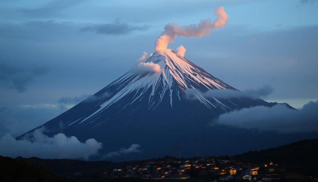 A towering volcano, its snow-capped peak piercing the clouds, stands vigilant against a moody sky. Wisps of smoke curl from its crater, casting an ominous glow over the surrounding landscape. In the foreground, a small village nestled at the base of the mountain, its buildings and inhabitants bathed in the warm, diffuse light of a setting sun. Sirens blare, warning of the heightened volcanic activity, as emergency crews prepare for potential evacuation. The scene conveys a sense of both awe and trepidation, a testament to the power and unpredictability of nature. A towering volcano, its snow-capped peak piercing the clouds, stands vigilant against a moody sky. Wisps of smoke curl from its crater, casting an ominous glow over the surrounding landscape. In the foreground, a small village nestled at the base of the mountain, its buildings and inhabitants bathed in the warm, diffuse light of a setting sun. Sirens blare, warning of the heightened volcanic activity, as emergency crews prepare for potential evacuation. The scene conveys a sense of both awe and trepidation, a testament to the power and unpredictability of nature.