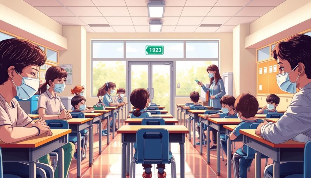A vibrant and detailed illustration of a school's health protocol implementation. Depict students and teachers in a well-lit classroom, with desks arranged to maintain social distancing. Prominently feature sanitizing stations, mask-wearing, and temperature checks at the entrance. Capture the collaborative atmosphere as educators guide learners through the new safety procedures. Render the scene with a blend of realism and visual interest, utilizing warm lighting and a soft focus to convey a sense of comfort and security amidst the necessary precautions. Avoid including any text or specific school branding, allowing the image to serve as a universal representation of the topic.