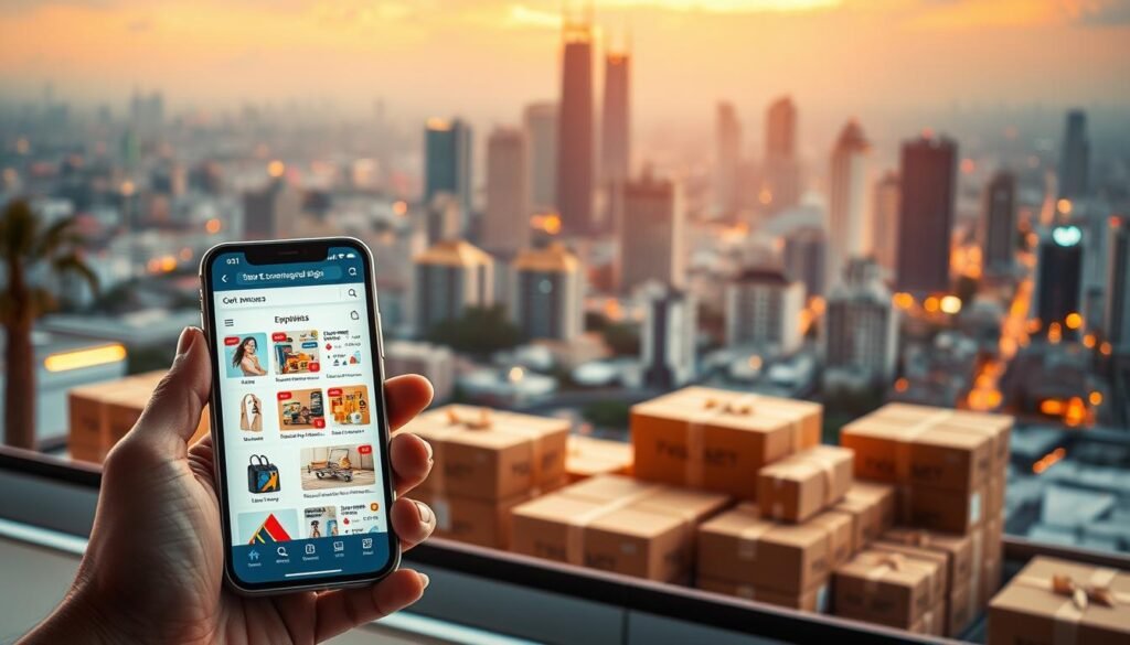 A vibrant e-commerce scene, showcasing the dynamic landscape of online shopping in Indonesia. In the foreground, a smartphone displays a sleek, user-friendly e-commerce platform, its interface brimming with enticing product images and intuitive navigation. The middle ground features a diverse array of neatly packaged deliveries, representing the seamless logistics that power the e-commerce ecosystem. In the background, a bustling urban cityscape serves as a backdrop, highlighting the integration of digital commerce within the physical world. Warm lighting casts a vibrant, energetic glow, conveying the sense of growth and opportunity inherent in the Indonesian e-commerce market.