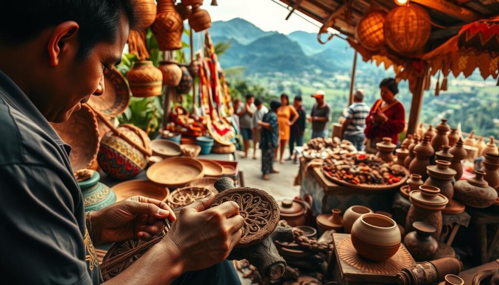 A vibrant scene showcasing the artistry of local craftspeople in Indonesia. In the foreground, a skilled artisan meticulously carves intricate patterns on a wooden handicraft, their hands expertly guiding the tools. Behind them, a display of colorful woven baskets, vibrant batik fabrics, and delicate ceramic pieces showcase the diverse range of traditional crafts. The middle ground features a bustling market setting, with vendors enthusiastically presenting their handmade goods to interested customers. In the background, a panoramic view of a lush, verdant landscape frames the scene, hinting at the rich cultural heritage and natural resources that inspire these unique local industries. Warm, diffused lighting casts a golden glow, accentuating the tactile qualities of the handcrafted items and creating an atmosphere of pride and accomplishment.