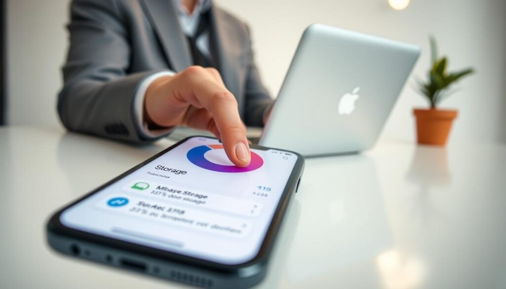A close-up view of an iPhone screen displaying the “Storage” management interface, showcasing a colorful pie chart indicating different storage usage categories. The foreground captures the iPhone in a sleek, modern environment, with soft lighting that emphasizes the screen's clarity. In the middle ground, a hand in professional attire interacts with the screen, tapping to reveal detailed storage information. The background is minimalistic, featuring a tidy desk with a laptop and a potted plant, creating a calm atmosphere. The scene is captured with a shallow depth of field, focusing on the iPhone while the background gently blurs, conveying a sense of order and clarity in managing data.
