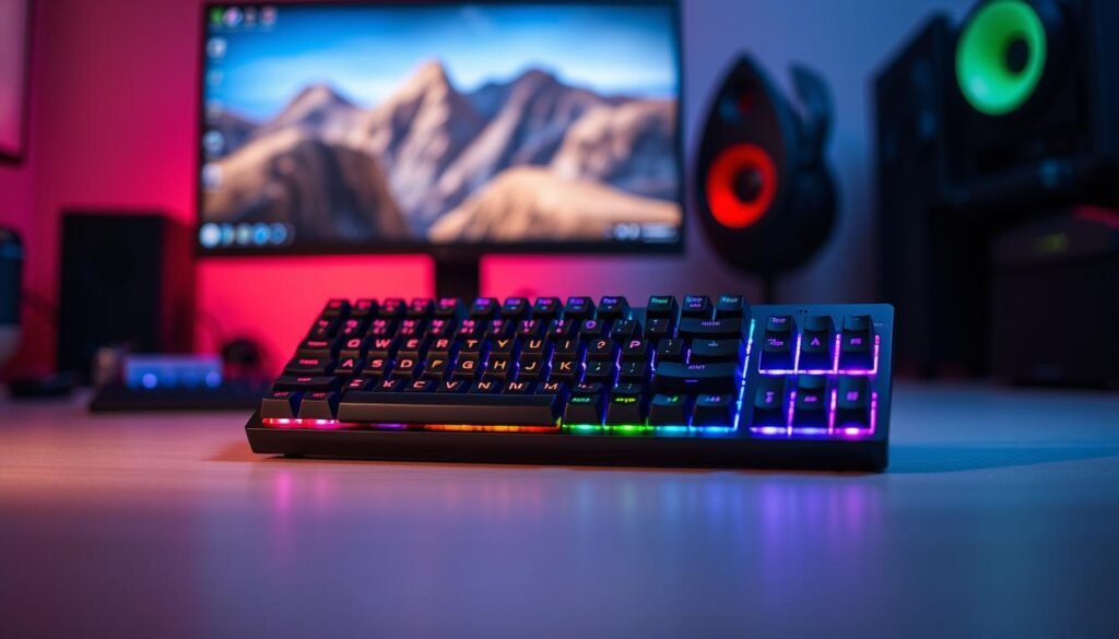 A compact gaming keyboard prominently displayed in the foreground, showcasing its sleek design and customizable analog switches. The keys are backlit with vibrant RGB lighting, highlighting their modern aesthetics and gamer's personalization options. In the middle ground, the keyboard is set against a blurred gaming setup background, featuring a high-resolution monitor and gaming peripherals, emphasizing an immersive gaming environment. Soft, dynamic lighting creates an energetic and focused atmosphere, capturing the excitement and precision of gaming. The perspective is slightly tilted to showcase the keyboard's angled profile, enhancing its ergonomic features. The scene conveys a sense of advanced technology and craftsmanship, embodying the quality and innovation of the SteelSeries Apex Pro Mini.