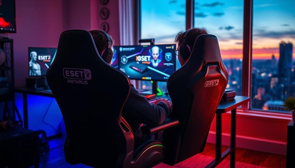 A dynamic scene showcasing a gamer deeply focused on playing at a dual-monitor setup, illuminated by colorful RGB lighting. In the foreground, a sleek black gaming chair is positioned in front of a high-end gaming desk adorned with ESET NOD32 Antivirus branding. The middle ground features a vibrant gaming environment with illuminated keyboards and mice, reflecting the competitive spirit. In the background, a subtle hint of a city skyline at dusk through a window, casting a warm glow across the room, enhancing the atmosphere. The lighting highlights the gamer’s concentration, and the lens captures the angled perspective, evoking a sense of immersion and excitement in the gaming world. The overall mood is energetic and engaging, emphasizing the synergy between gaming and robust antivirus protection.