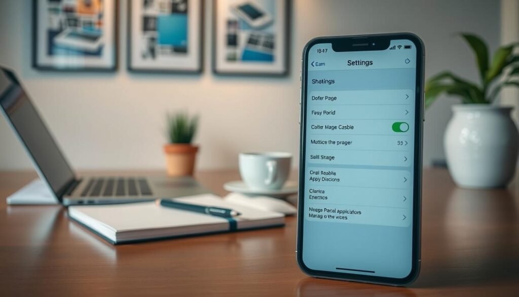 A focused workspace featuring a sleek, modern iPhone prominently displayed in the foreground, with an open settings app showing storage management options. In the middle ground, a well-organized desk with a laptop, a notepad, and a cup of coffee, suggesting an atmosphere of productivity and tech-savviness. The background is softly blurred, highlighting a wall with framed technology-themed artwork and a potted plant for a touch of greenery. The lighting is warm and inviting, creating a professional yet relaxed mood. The scene is captured from a slightly elevated angle, giving a clear view of the device and the workspace, emphasizing the concept of managing application cache effectively.