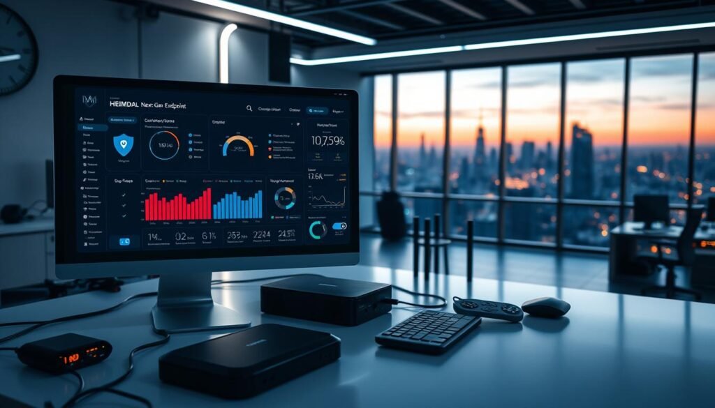 A futuristic digital workspace showcasing the Heimdal Next-Gen Endpoint software interface. In the foreground, a sleek computer monitor displays a dynamic AI-driven dashboard filled with graphs and alerts, suggesting advanced malware protection. The middle ground features a modern workspace with sophisticated tech gadgets and security devices, such as a glowing router and external drives. The background reveals a high-tech office with a panoramic view of a city skyline, illuminated by the twilight glow. Soft, ambient lighting casts a professional atmosphere, while a subtle sense of innovation pervades the scene. Capture this in a crisp, high-resolution with a slightly tilted angle to enhance depth, evoking a sense of cutting-edge technology and trust in security.