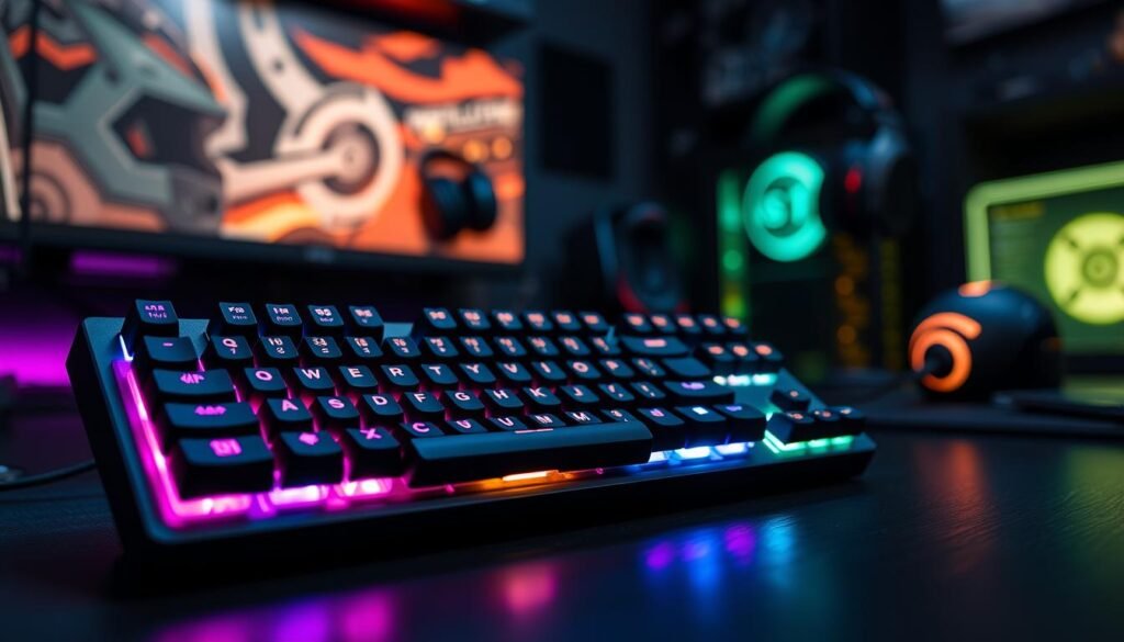 A sleek, modern SteelSeries Apex Pro Mini Gen 3 keyboard featuring OmniPoint 3.0 technology, prominently showcased in the foreground. The keyboard has vibrant RGB lighting illuminating the analog switches, casting a colorful glow that highlights the customizable actuation points. In the middle ground, there’s a slightly blurred gaming mouse and a high-tech gaming headset, enhancing the gaming atmosphere. In the background, a dimly lit gaming room is visible, with ambient light reflecting off the walls and subtle hints of gaming memorabilia. Use a shallow depth of field to emphasize the keyboard while capturing the dynamic energy of a gaming environment. The overall mood should feel fast-paced and futuristic, catering to gamers seeking precision and speed in their gameplay. The scene should be well-lit and well-composed, with no text or distractions.