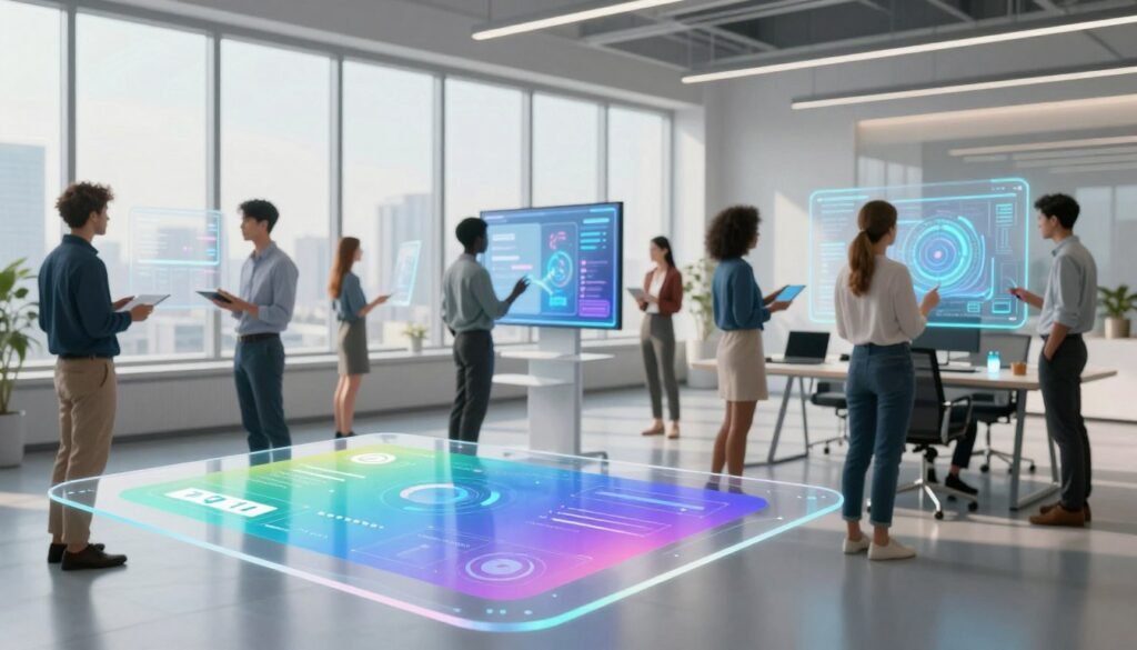 A futuristic interface design concept for 2026, showcasing innovative UI/UX trends. In the foreground, sleek, semi-transparent touchscreens display interactive elements, with vibrant colors and smooth animations. In the middle, a diverse group of professionals, dressed in smart casual attire, collaborates, engaging with holographic displays and augmented reality interfaces. The background features a modern, tech-inspired workspace with large windows overlooking a cityscape, bathed in soft, natural lighting that enhances the clean, minimalist design. The atmosphere is dynamic and focused, embodying creativity and forward-thinking. The image should create a sense of inspiration and professionalism, highlighting the exciting potential of interface design in the coming years.
