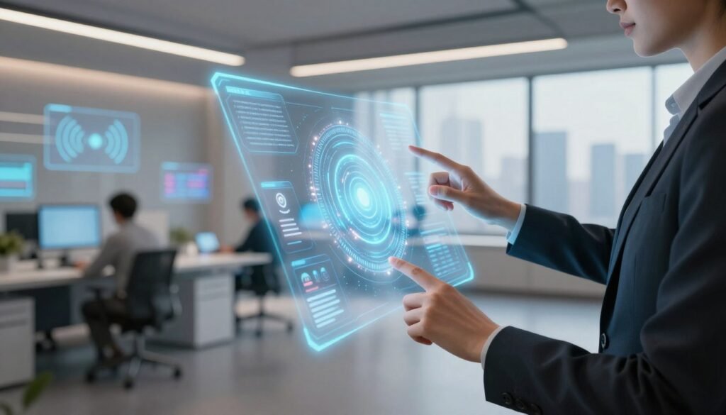 A futuristic user interface design scene showcasing natural multimodal interaction. In the foreground, a professional individual in a sleek business outfit actively engages with a holographic display, using hand gestures to manipulate 3D data. In the middle ground, multiple interface elements like voice recognition icons and touch-sensitive surfaces are visible, blending seamlessly into the environment. The background reveals a modern workspace featuring soft, ambient lighting and large windows overlooking a city skyline, adding depth and a sense of innovation. The mood is dynamic and inspiring, capturing the essence of technology and human interaction in 2026. Use a wide-angle lens effect to emphasize the vibrant, engaging atmosphere.