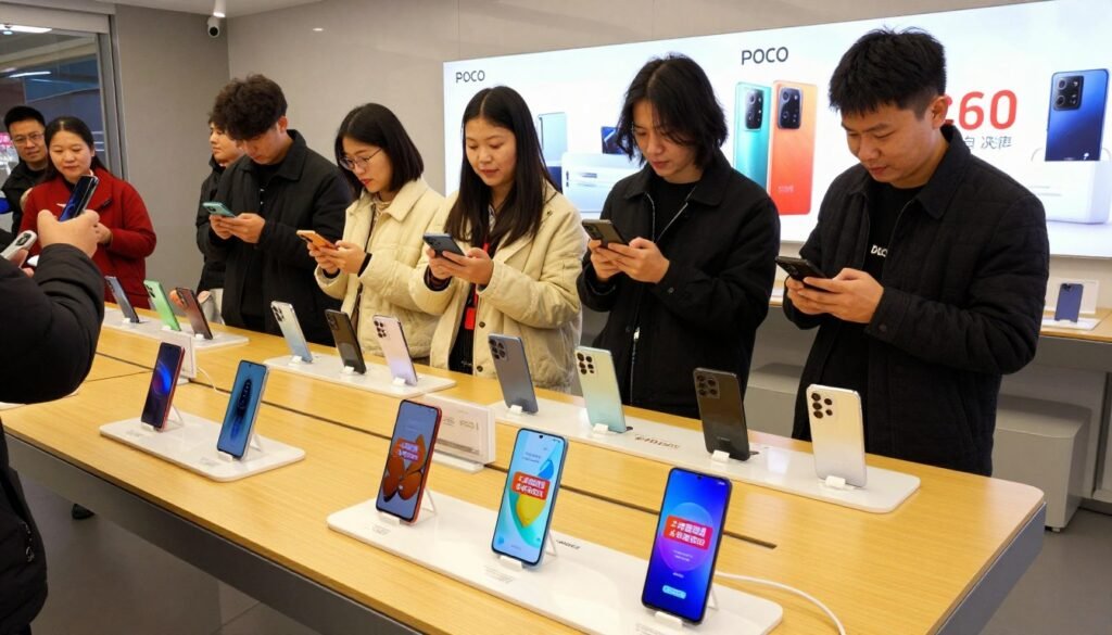 A vibrant promotional scene showcasing smartphones from the POCO brand, set in an electronic store at the start of January 2026. In the foreground, a variety of sleek and modern POCO smartphones are elegantly displayed on polished wooden shelves, each featuring colorful screens showcasing eye-catching discount banners. In the middle ground, a diverse group of satisfied customers, dressed in smart casual attire, are examining the phones with enthusiasm. The background features stylish lighting and promotional posters highlighting special offers, creating an inviting atmosphere. The image captures a warm and lively ambiance, with soft spotlighting that highlights the products, encouraging excitement about the latest technology and discounts. Use a slightly elevated angle for a dynamic perspective. A vibrant promotional scene showcasing smartphones from the POCO brand, set in an electronic store at the start of January 2026. In the foreground, a variety of sleek and modern POCO smartphones are elegantly displayed on polished wooden shelves, each featuring colorful screens showcasing eye-catching discount banners. In the middle ground, a diverse group of satisfied customers, dressed in smart casual attire, are examining the phones with enthusiasm. The background features stylish lighting and promotional posters highlighting special offers, creating an inviting atmosphere. The image captures a warm and lively ambiance, with soft spotlighting that highlights the products, encouraging excitement about the latest technology and discounts. Use a slightly elevated angle for a dynamic perspective.